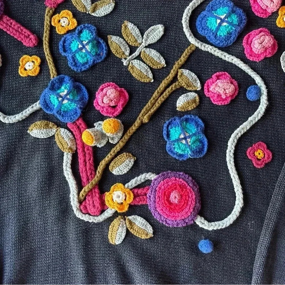 90s Vintage CHUNKY 3D Crochet Flower Sweater Victoria Harbour Sz L Grandmacore - Picture 3 of 12